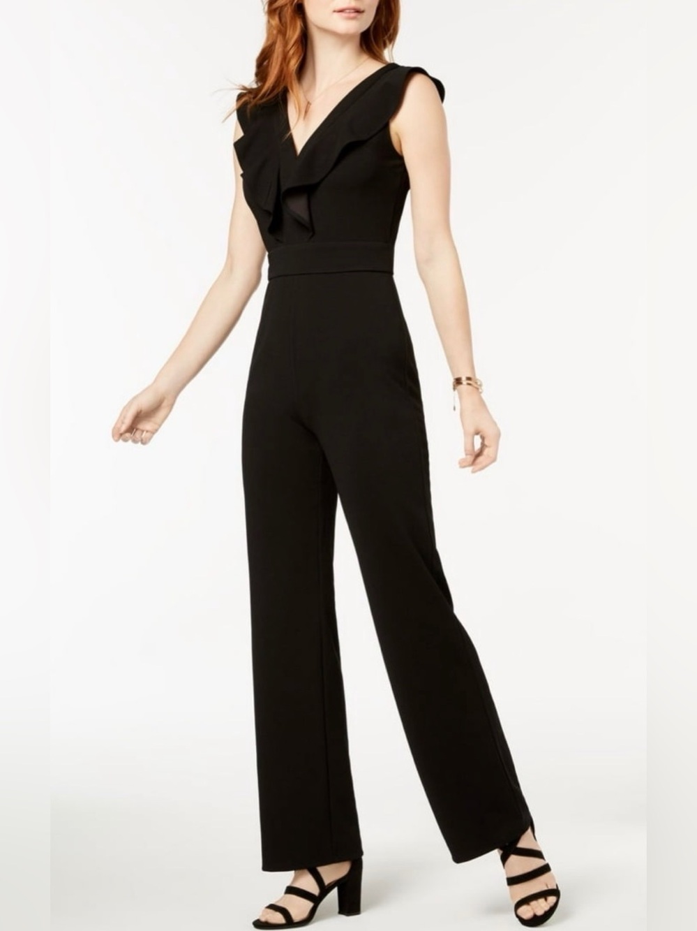 Bar III Black Ruffle V-Neck Wide-Leg Jumpsuit C67-146